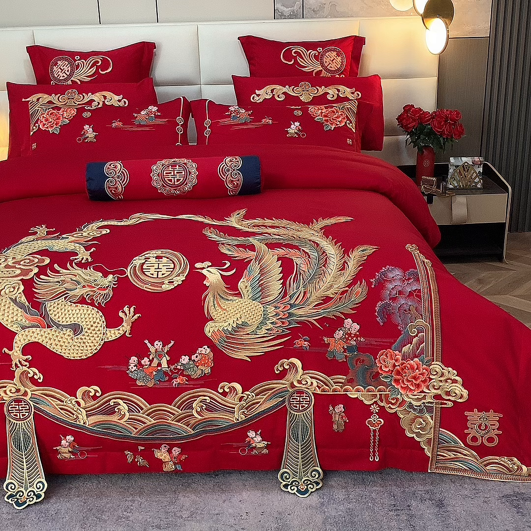 91家纺网 家纺一手货源 找家纺 慕她家纺 2026年全棉纯棉婚庆四件套大红色刺绣结床上用品（床盖款加40） 盛世红妆