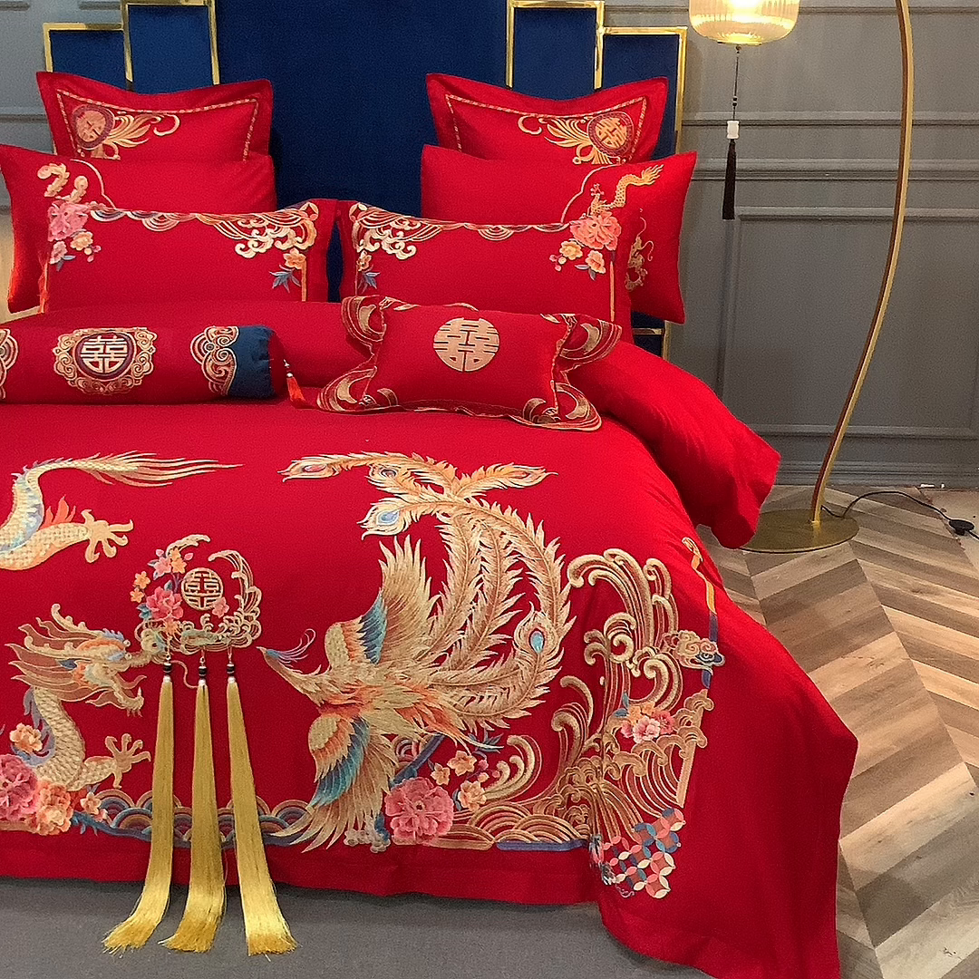 91家纺网 家纺一手货源 找家纺 慕她家纺 2026年全棉纯棉婚庆四件套大红色刺绣结床上用品（床盖款加40） 长绒棉-欢喜龙凤