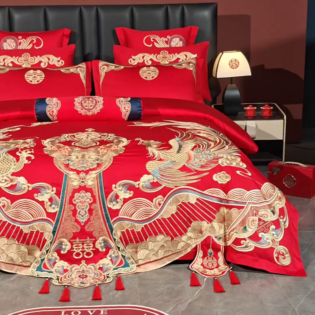 91家纺网 家纺一手货源 找家纺 慕她家纺 2026年全棉纯棉婚庆四件套大红色刺绣结床上用品（床盖款加40） 鸾凤和鸣