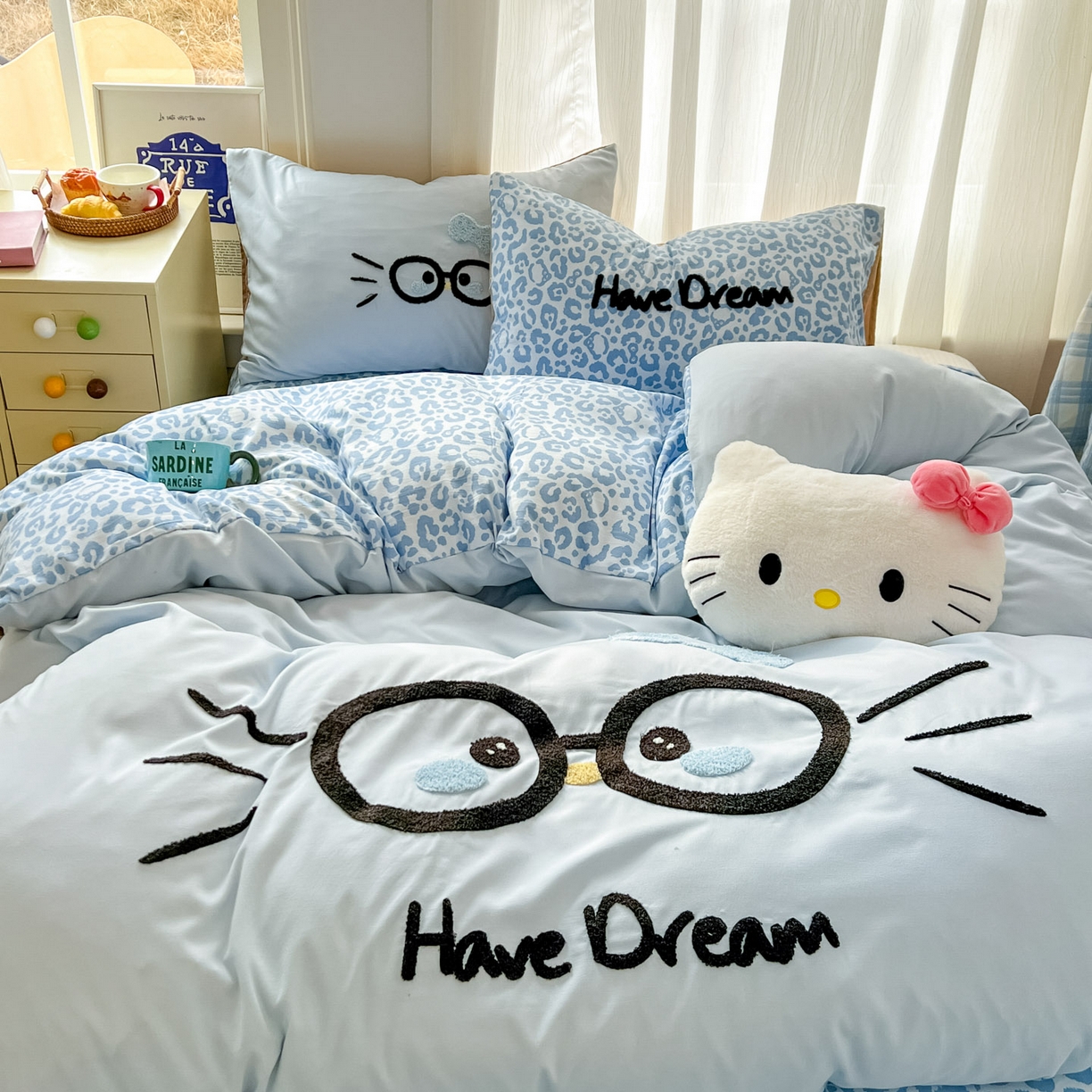 沐慕 2026新款卡通毛巾绣云朵棉四件套-豹纹大眼猫 豹纹大眼猫-浅蓝
