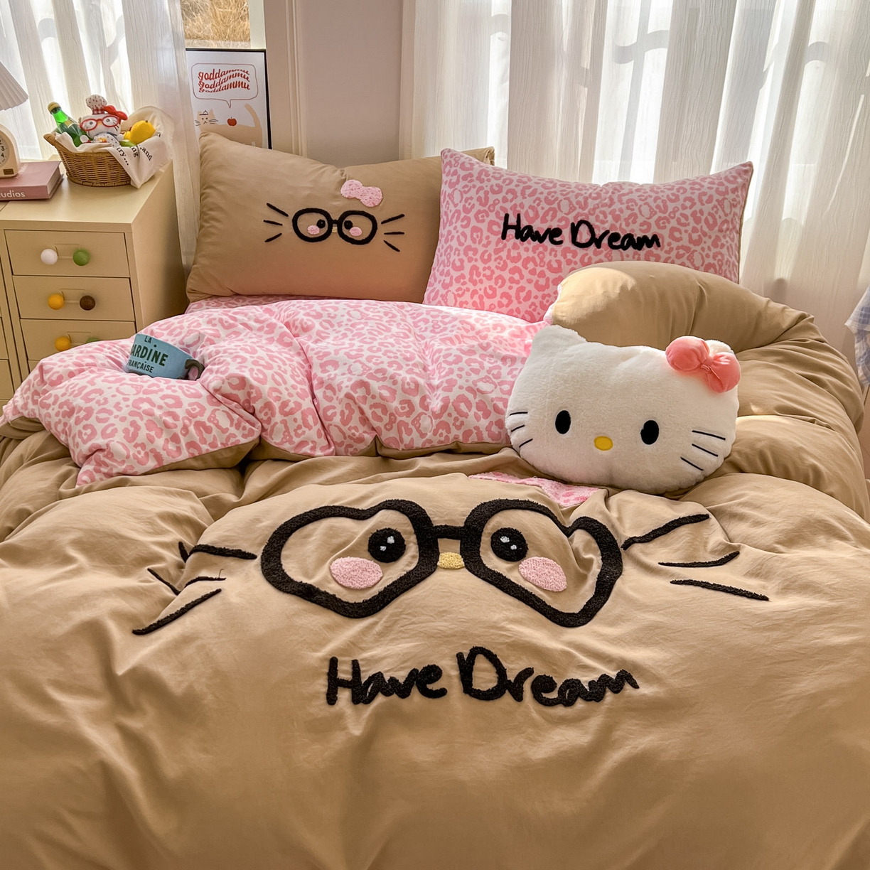 沐慕 2026新款卡通毛巾绣云朵棉四件套-豹纹大眼猫 豹纹大眼猫-咖