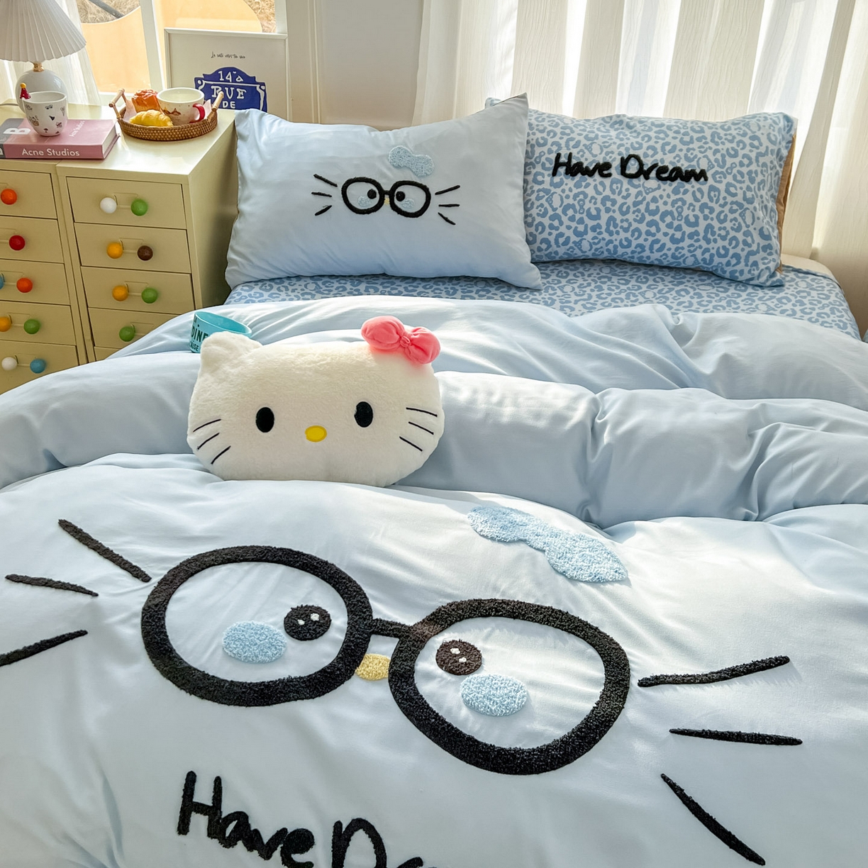 91家纺网 家纺一手货源 找家纺 沐慕 2026新款卡通毛巾绣云朵棉四件套-豹纹大眼猫 豹纹大眼猫-浅蓝