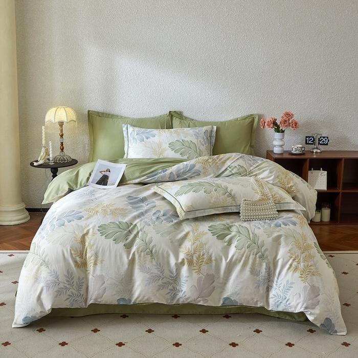 91家纺网 家纺一手货源 找家纺 沐白家居 2026新款亲肤舒适全棉印花四件套 春风有信（绿）