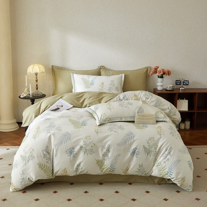 91家纺网 家纺一手货源 找家纺 沐白家居 2026新款亲肤舒适全棉印花四件套 春颜-绿