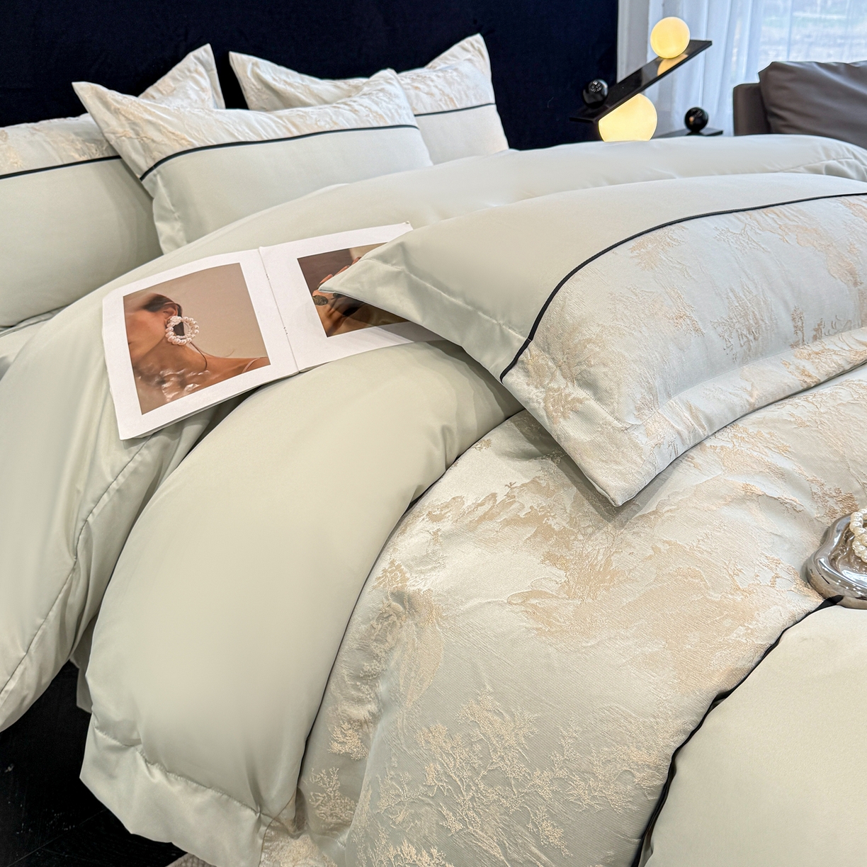 91家纺网 家纺一手货源 找家纺 狂想家 2026新款简约浮雕大提花四件套 繁星绿