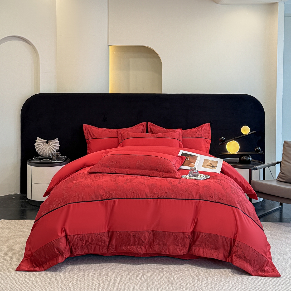 91家纺网 家纺一手货源 找家纺 狂想家 2026新款简约浮雕大提花四件套 爱恋红