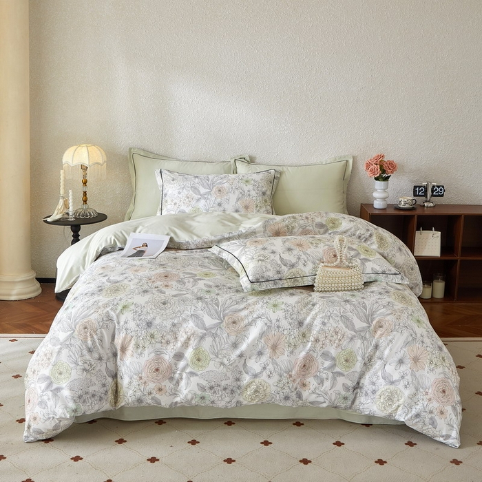 91家纺网 家纺一手货源 找家纺 沐白家居 2026新款亲肤舒适全棉印花四件套 邂逅（绿）