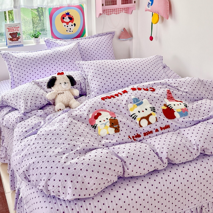 91家纺网 家纺一手货源 找家纺 梦可莱家居 2026春夏新品小清新可爱风毛巾绣床盖四件套系列 音乐猫