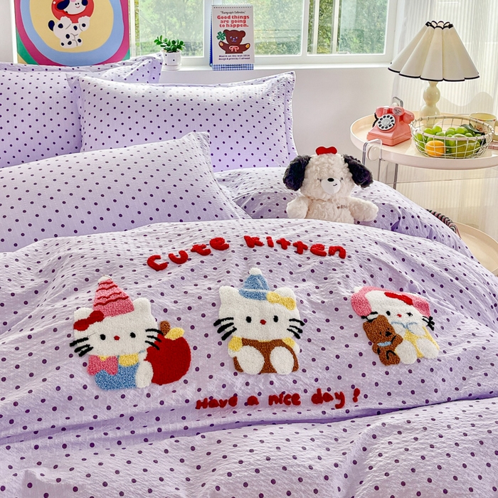 91家纺网 家纺一手货源 找家纺 梦可莱家居 2026春夏新品小清新可爱风毛巾绣床盖四件套系列 音乐猫