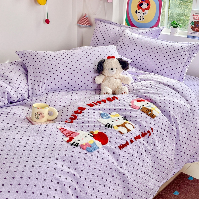 91家纺网 家纺一手货源 找家纺 梦可莱家居 2026春夏新品小清新可爱风毛巾绣床盖四件套系列 音乐猫