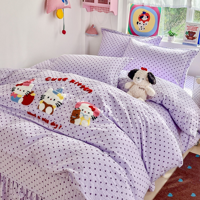 91家纺网 家纺一手货源 找家纺 梦可莱家居 2026春夏新品小清新可爱风毛巾绣床盖四件套系列 音乐猫