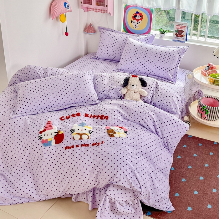 91家纺网 家纺一手货源 找家纺 梦可莱家居 2026春夏新品小清新可爱风毛巾绣床盖四件套系列 音乐猫