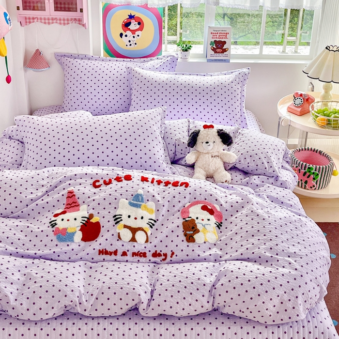 91家纺网 家纺一手货源 找家纺 梦可莱家居 2026春夏新品小清新可爱风毛巾绣床盖四件套系列 音乐猫