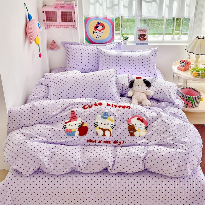 91家纺网 家纺一手货源 找家纺 梦可莱家居 2026春夏新品小清新可爱风毛巾绣床盖四件套系列 音乐猫