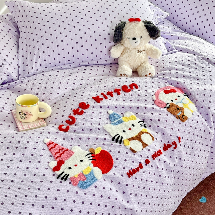 91家纺网 家纺一手货源 找家纺 梦可莱家居 2026春夏新品小清新可爱风毛巾绣床盖四件套系列 音乐猫