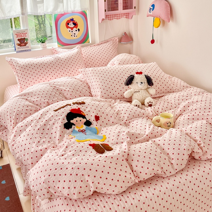 91家纺网 家纺一手货源 找家纺 梦可莱家居 2026春夏新品小清新可爱风毛巾绣床盖四件套系列 幸福女孩