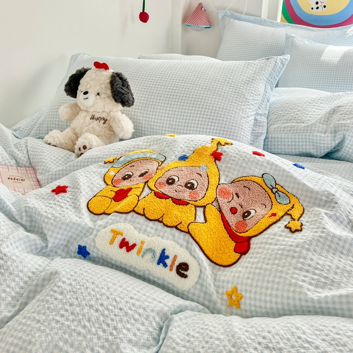 91家纺网 家纺一手货源 找家纺 梦可莱家居 2026春夏新品小清新可爱风毛巾绣床盖四件套系列 星星人