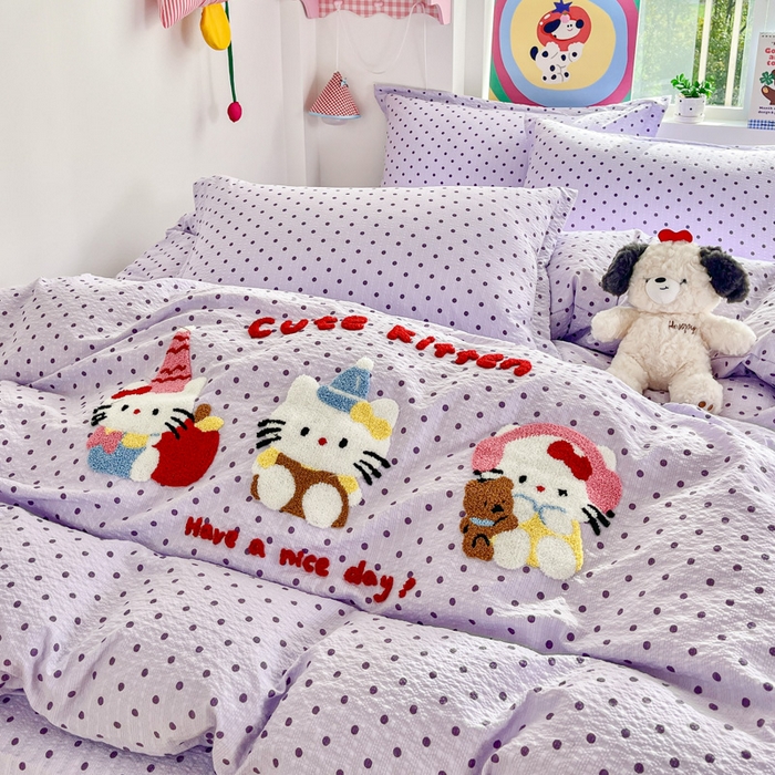 91家纺网 家纺一手货源 找家纺 梦可莱家居 2026春夏新品小清新可爱风毛巾绣床盖四件套系列 音乐猫