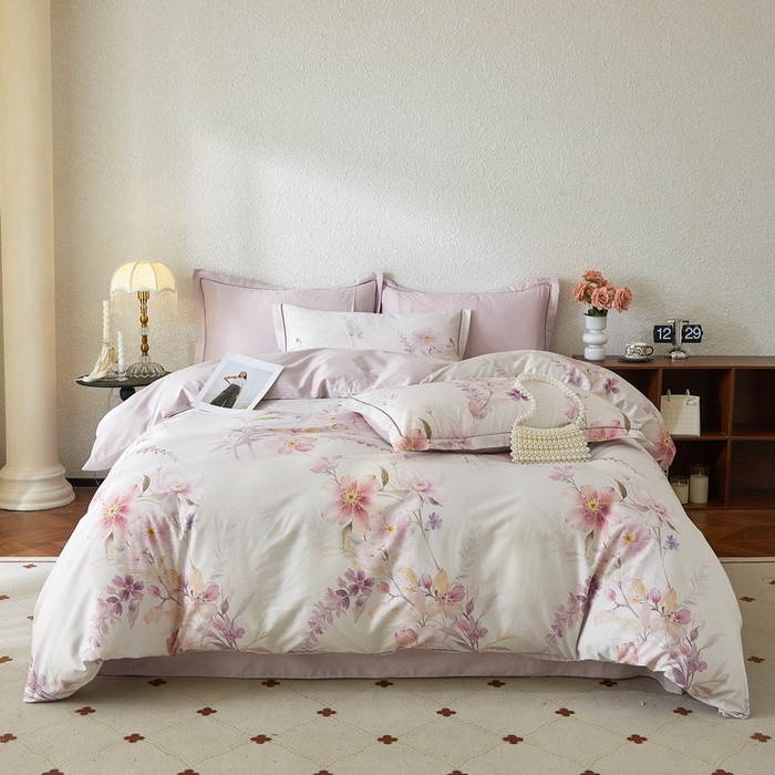 91家纺网 家纺一手货源 找家纺 沐白家居 2026新款亲肤舒适全棉印花四件套 爱意浓（紫）