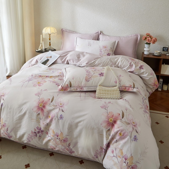 91家纺网 家纺一手货源 找家纺 沐白家居 2026新款亲肤舒适全棉印花四件套 爱意浓（紫）