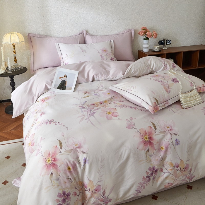 91家纺网 家纺一手货源 找家纺 沐白家居 2026新款亲肤舒适全棉印花四件套 爱意浓（紫）