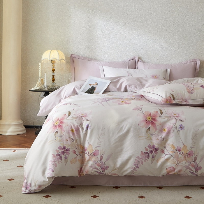 91家纺网 家纺一手货源 找家纺 沐白家居 2026新款亲肤舒适全棉印花四件套 爱意浓（紫）