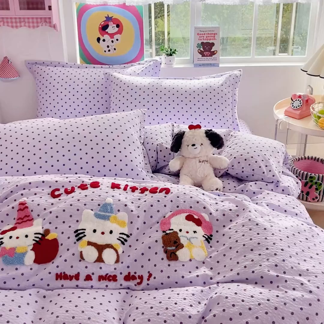 91家纺网 家纺一手货源 找家纺 梦可莱家居 2026春夏新品小清新可爱风毛巾绣床盖四件套系列 音乐猫
