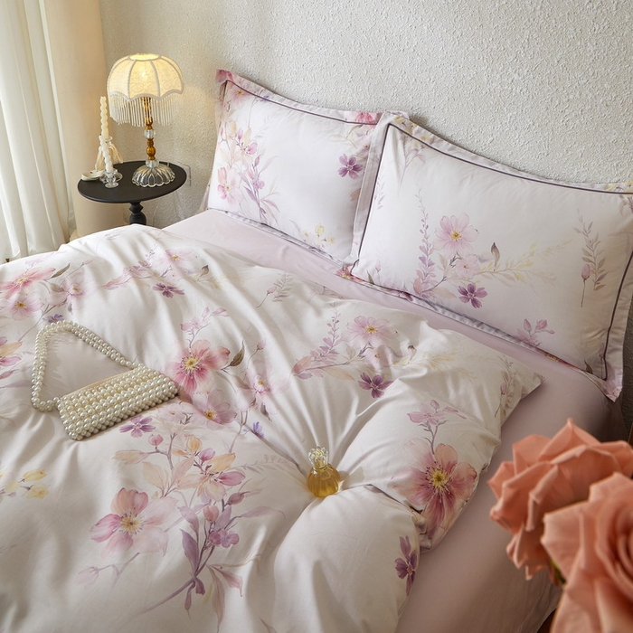 91家纺网 家纺一手货源 找家纺 沐白家居 2026新款亲肤舒适全棉印花四件套 爱意浓（紫）