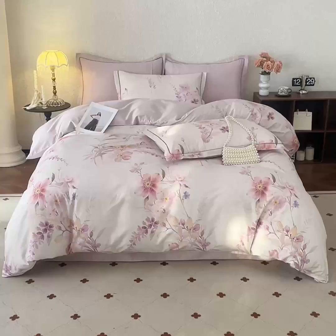 91家纺网 家纺一手货源 找家纺 沐白家居 2026新款亲肤舒适全棉印花四件套 爱意浓（紫）