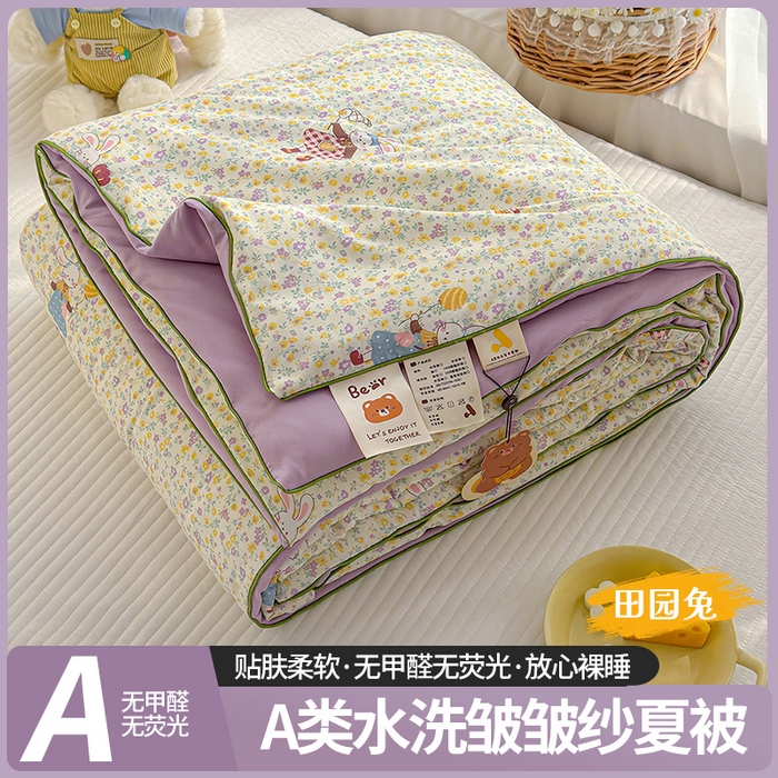 弗苓家纺 2026新款A类水洗皱皱纱夏被夏凉被空调被 田园兔