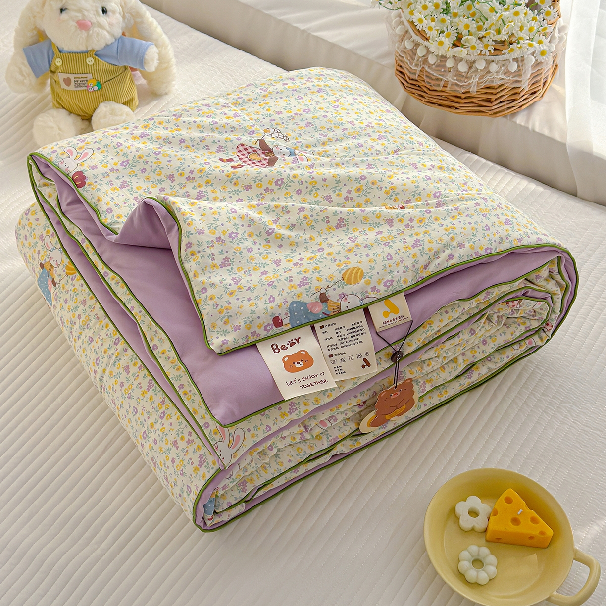 91家纺网 家纺一手货源 找家纺 弗苓家纺 2026新款A类水洗皱皱纱夏被夏凉被空调被 田园兔