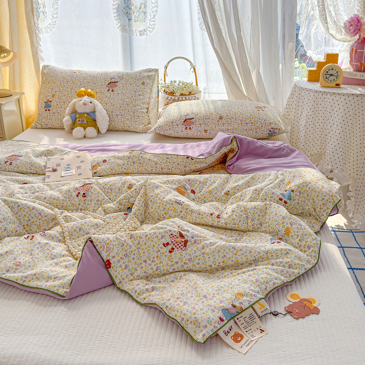 91家纺网 家纺一手货源 找家纺 弗苓家纺 2026新款A类水洗皱皱纱夏被夏凉被空调被 田园兔