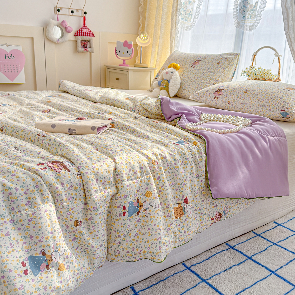 91家纺网 家纺一手货源 找家纺 弗苓家纺 2026新款A类水洗皱皱纱夏被夏凉被空调被 田园兔