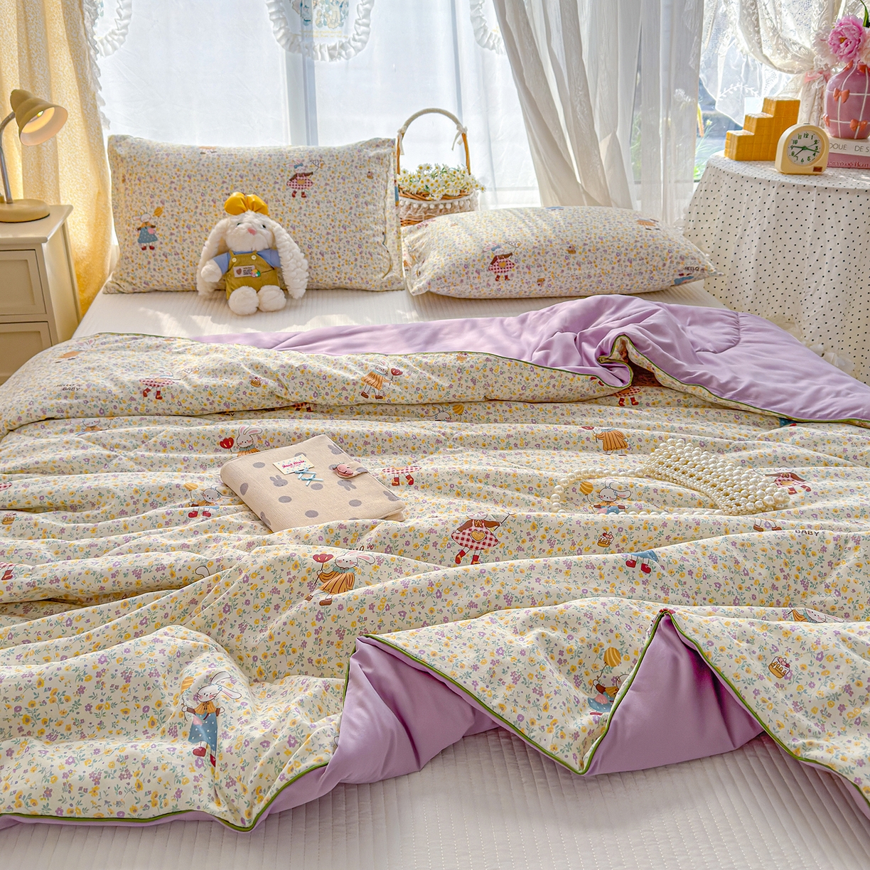 91家纺网 家纺一手货源 找家纺 弗苓家纺 2026新款A类水洗皱皱纱夏被夏凉被空调被 田园兔