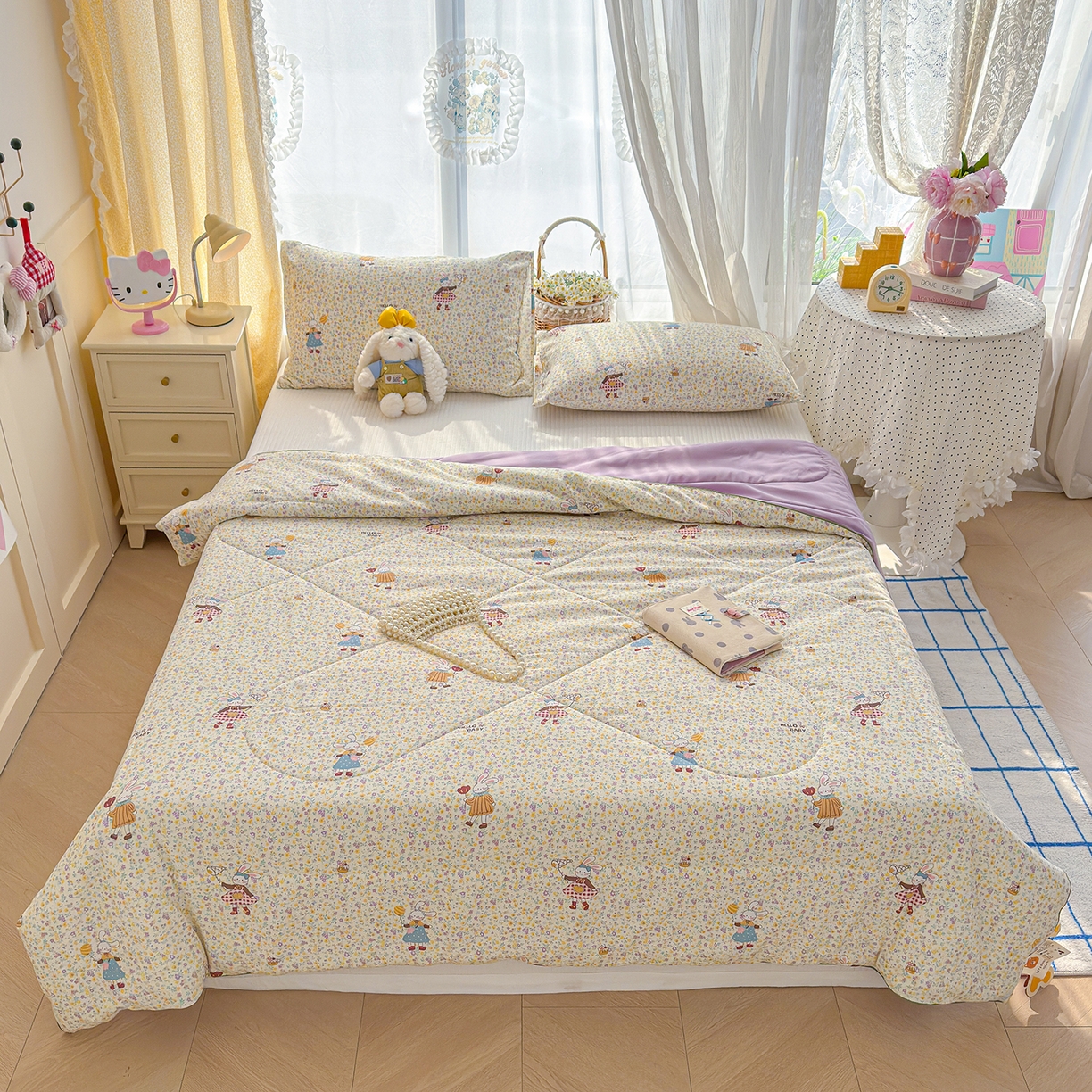 91家纺网 家纺一手货源 找家纺 弗苓家纺 2026新款A类水洗皱皱纱夏被夏凉被空调被 田园兔