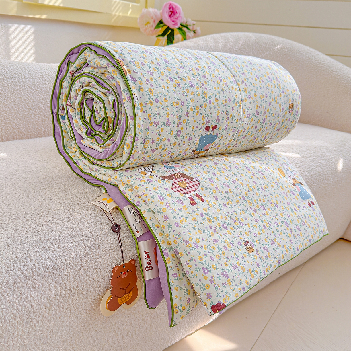 91家纺网 家纺一手货源 找家纺 弗苓家纺 2026新款A类水洗皱皱纱夏被夏凉被空调被 田园兔