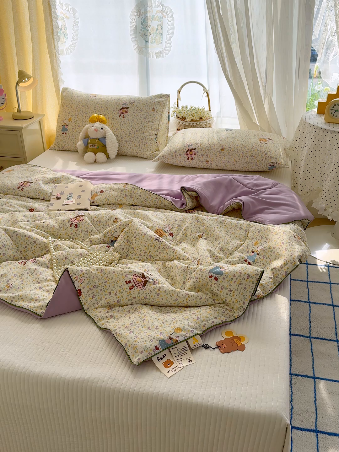 91家纺网 家纺一手货源 找家纺 弗苓家纺 2026新款A类水洗皱皱纱夏被夏凉被空调被 田园兔