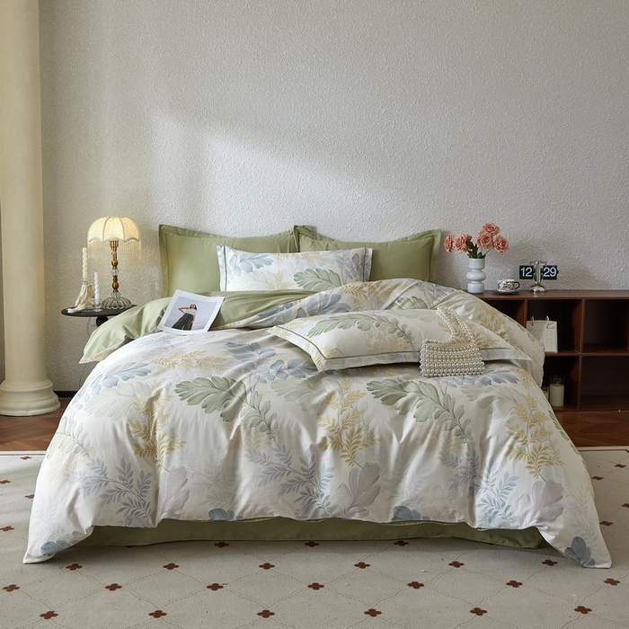 91家纺网 家纺一手货源 找家纺 沐白家居 2026新款亲肤舒适全棉印花四件套 春风有信（绿）