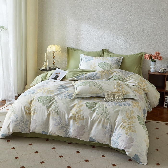 91家纺网 家纺一手货源 找家纺 沐白家居 2026新款亲肤舒适全棉印花四件套 春风有信（绿）