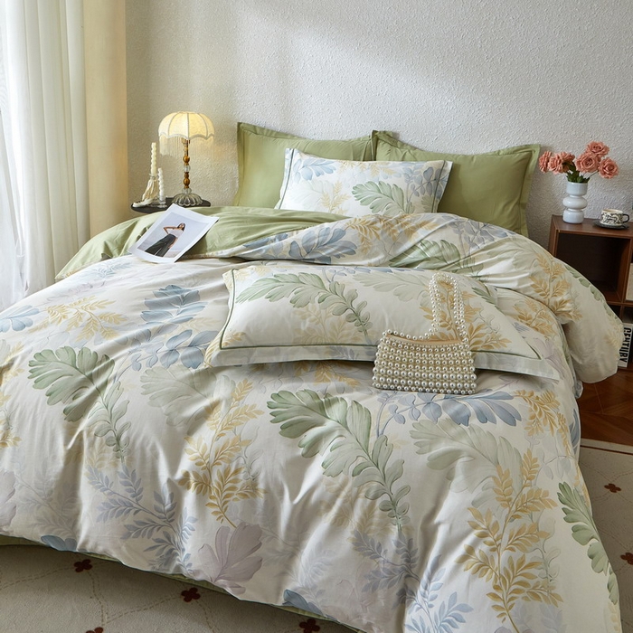 91家纺网 家纺一手货源 找家纺 沐白家居 2026新款亲肤舒适全棉印花四件套 春风有信（绿）