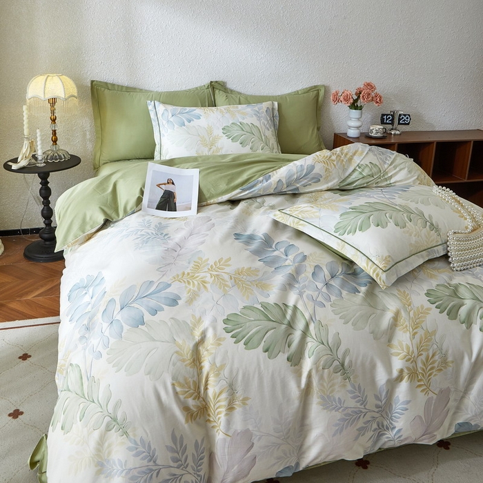 91家纺网 家纺一手货源 找家纺 沐白家居 2026新款亲肤舒适全棉印花四件套 春风有信（绿）