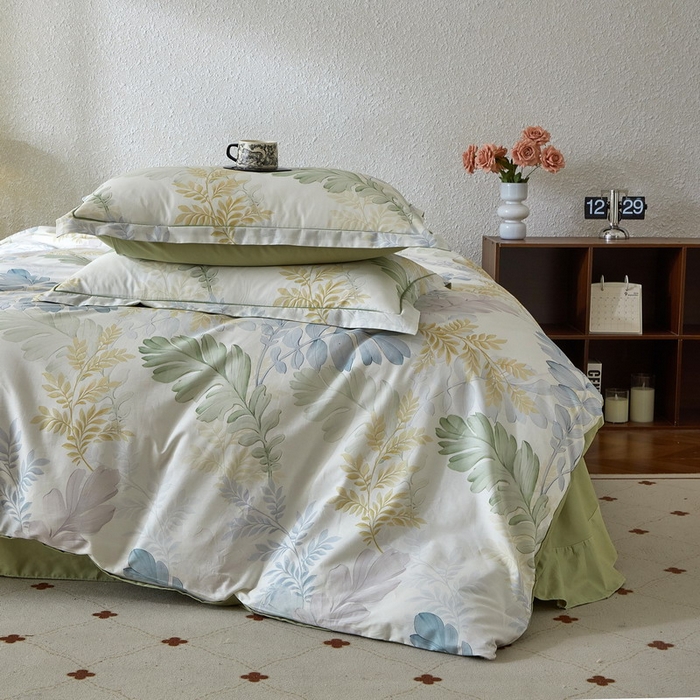 91家纺网 家纺一手货源 找家纺 沐白家居 2026新款亲肤舒适全棉印花四件套 春风有信（绿）
