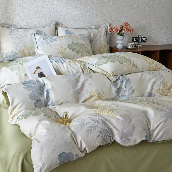 91家纺网 家纺一手货源 找家纺 沐白家居 2026新款亲肤舒适全棉印花四件套 春风有信（绿）