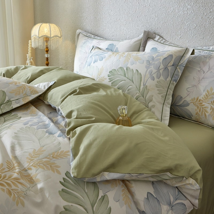 91家纺网 家纺一手货源 找家纺 沐白家居 2026新款亲肤舒适全棉印花四件套 春风有信（绿）