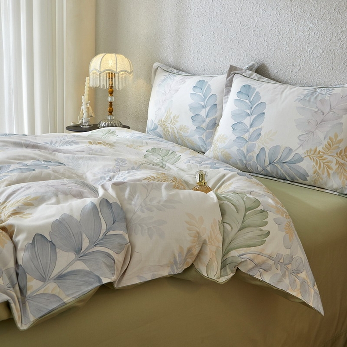 91家纺网 家纺一手货源 找家纺 沐白家居 2026新款亲肤舒适全棉印花四件套 春风有信（绿）