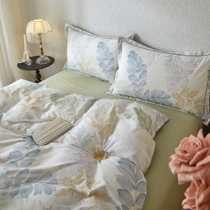 91家纺网 家纺一手货源 找家纺 沐白家居 2026新款亲肤舒适全棉印花四件套 春风有信（绿）