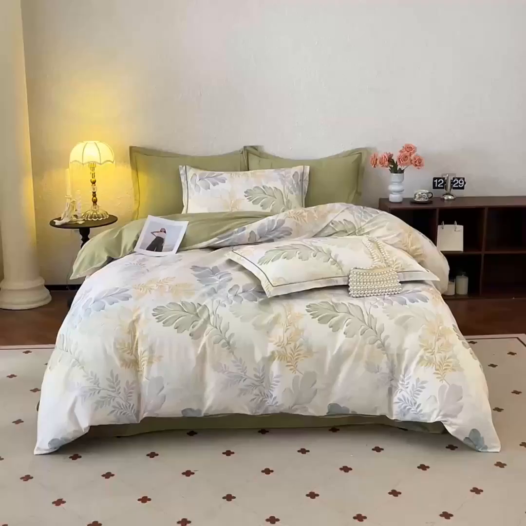 91家纺网 家纺一手货源 找家纺 沐白家居 2026新款亲肤舒适全棉印花四件套 春风有信（绿）