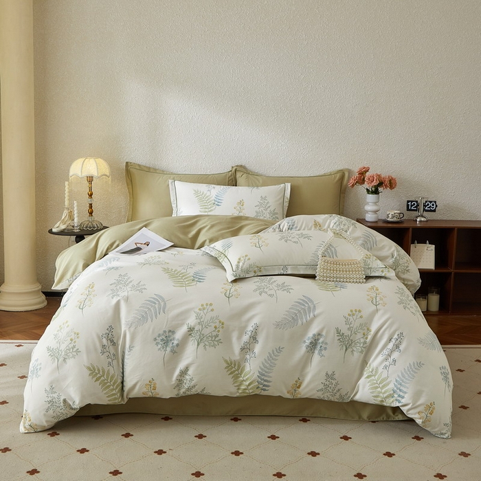 91家纺网 家纺一手货源 找家纺 沐白家居 2026新款亲肤舒适全棉印花四件套 春颜-绿