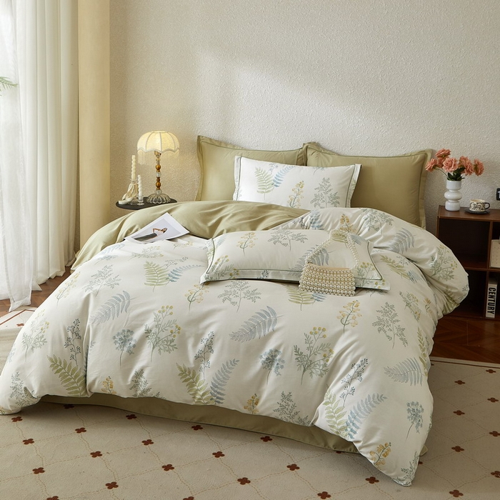 91家纺网 家纺一手货源 找家纺 沐白家居 2026新款亲肤舒适全棉印花四件套 春颜-绿