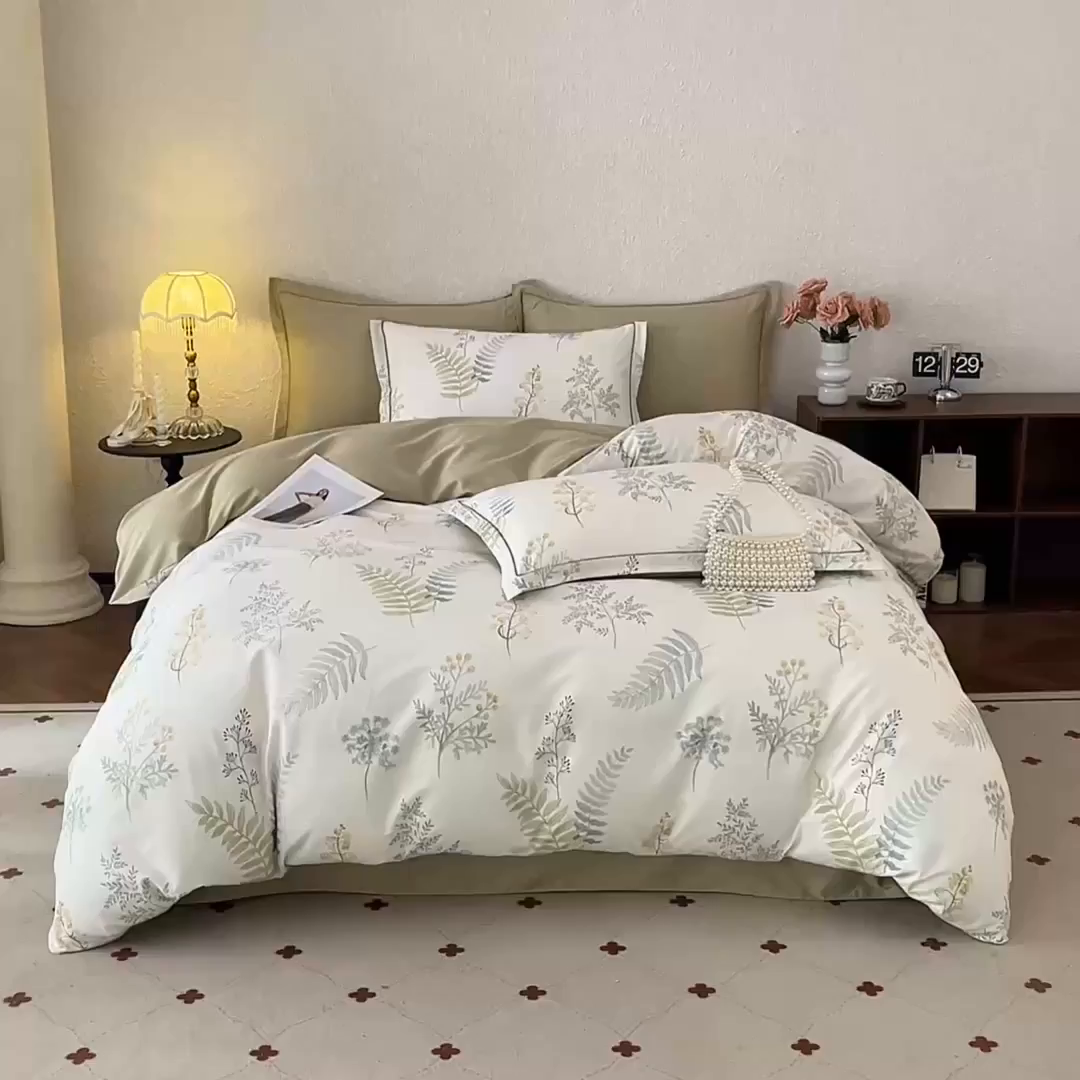 91家纺网 家纺一手货源 找家纺 沐白家居 2026新款亲肤舒适全棉印花四件套 春颜-绿